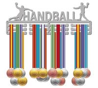 CREATCABIN Porte-Médaille Handball,Présentoir Médailles Sport,Organisateur Rubans Récompense,Support en Métal Argenté Monté pour Suspendre au Mur 40+ médailles,Cadeaux Course,Joueurs Football,40x15cm