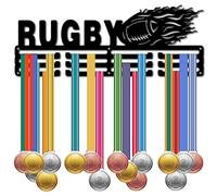 CREATCABIN Porte-Médaille Rugby Cintre 60+ Porte-Médailles Porte-Médaille Métal Noir Étagère Sport Organisateur Médaille Course Cadre avec 12 Crochets Fixé Mur pour Athlètes Médaillés 40x15 cm