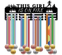 CREATCABIN Porte-Médaille This Girl is on Fire,Présentoir pour Médailles Course,Cadre Sport,Crochets Fer,Support Mural pour Médailles,Organisateur pour Accrocher Médailles,Coureur Marathon,40x15cm