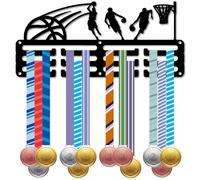 CREATCABIN Porte Médailles Basket Ball Petit Support Médailles Présentoir Récompenses Compétitions Sportives Rubans Organisateur Support Décoratif Fer Noir pour Suspension Murale 40+médailles 29x13cm