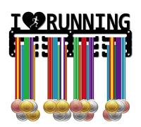 CREATCABIN Porte-Médailles Course à Pied Présentoir Médailles Métal à Suspendre Fer Petit Support Décoration pour Mur Badge Maison Coureur Course Médaillé Marathon Noir 29x10.6cm I Love Running