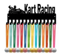 CREATCABIN Porte-Médailles Course Karting,Présentoir Médailles en Métal Suspendre,Petit Support en Fer avec 14 Crochet pour Mur,Maison,Badge,Football,Natation,Noir,11.4 x 4.7,(1) cm