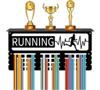 CREATCABIN Porte-Médailles Course Pied avec Étagère,Support Mural pour Trophées,Cadre Fer,Crochets pour Médailles Sport,Organisateur pour Accrocher Médailles,Récompenses,Athlète Marathon 40x20x10cm