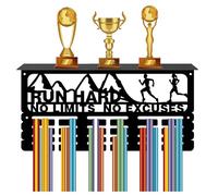 CREATCABIN Porte-Médailles Course Pied,Étagère Trophées,Présentoir Médailles avec Support D'Étagère,Support Mural pour Sports,4 rangée,pour Hommes,Gymnastique,Football,Course Pied,Natation,40x20x10cm