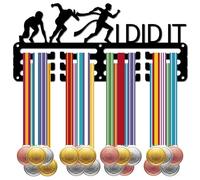 CREATCABIN Porte-Médailles Course Pied,Porte-Médailles,Présentoir Médailles Sport Métal Suspendre,Petit Support Fer pour Badge Mural Maison,Course Pied,Médaillé Football,Noir 29x13cm,Je l'ai Fait