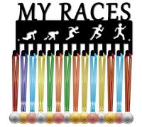 CREATCABIN Porte-Médailles Course Pied,Présentoir Médailles,Présentoir Sport Suspendre Récompenses D'Athlète,Petit Support Mural Métal avec 14 Crochet pour Coureurs Sprint,Noir,29x13cm,My Races