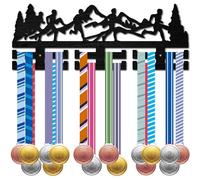 CREATCABIN Porte-Médailles Course Pied,Support Mural,Étagère en Bois pour Médailles Sport,Décoration Murale Noire,Organisateur Médailles,Support Montagne pour Suspendre Ruban,Coureur Marathon,40x15cm