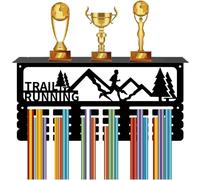 CREATCABIN Porte-Médailles Course sur Sentier avec Étagère à Trophées,Support Sport,Cadre Mural en Fer,Crochet pour Médailles Métal pour Accrocher Médailles,Prix des Athlètes Marathon,40x20x10cm,Noir