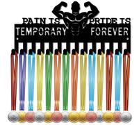 CREATCABIN Porte-Médailles Culturisme,Présentoir Médailles Récompenses Sportives Suspendre,Petit Support Mural Métal 14 Crochet pour Courir,Noir 29x13cm Douleur Est Temporaire Fierté Est Éternelle