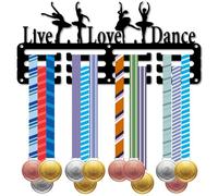 CREATCABIN Porte Médailles Danse Porte Médailles Sport Petit Présentoir Médailles Danse Cadre Mural Métal Fer Crochet pour Suspendre 40+ médailles Rubans Danseurs Athlètes Noir 29x13cm Live Love Dance