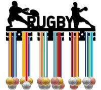 CREATCABIN Porte-Médailles de Rugby avec Cadre en Acrylique,Décoration Murale,12 Petit Crochet,Organisateur pour Suspendre des Médailles,Récompenses,Joueur Médaillé,29x13cm Noir