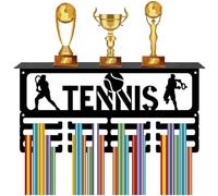 CREATCABIN Porte-Médailles de Tennis avec Étagère,Support Mural en Fer de Sport,Cadre en Métal,Cintres pour Médailles de Trophée,Organisateur pour Suspendre Les Médailles des Athlètes,40x20x10cm,Noir