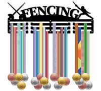 CREATCABIN Porte Médailles D'Escrime Présentoir à Médailles Cordons de Sport Rubans Récompenses Crochets en Fer Support Mural Noir pour Suspendre Plus de 60 médaille Course Baseball Danse 40x15cm