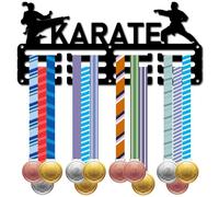 CREATCABIN Porte-Médailles Karaté,Présentoir Médailles Sport,Compétition Course,Récompenses Victoire,Organisateur Ruban,Petit Cadre Métal Noir pour Accrocher 40+ médailles,Joueurs,Athlètes,29x13cm