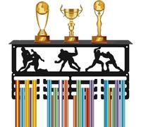 CREATCABIN Porte Médailles Lutte Présentoir Médailles avec Étagère Support Trophées Récompenses Sportives Fer Noir Rubans Trophées Crochets Métal Organisateur pour Cadre Montage Mural 40x20x10cm