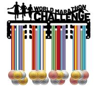CREATCABIN Porte-Médailles Marathon Course Pied,Présentoir Médailles,Support Sport Métal Suspendre,Petites Récompenses Fer pour Hommes,Badge Mural Maison,Cadeau,Noir 29x13cm,Défi Mondial du Marathon