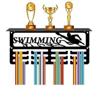 CREATCABIN Porte-Médailles Natation,Étagère Trophées,Présentoir Médailles avec Support D'Étagère,Petit Support Mural Sports,4 rangée,Peut Contenir pour Hommes,Natation,Course Pied 29x13x10cm(Noir)