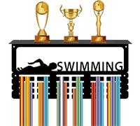 CREATCABIN Porte-Médailles Natation,Étagère Trophées,Présentoir Médailles avec Support D'Étagère,Support Mural pour Sports,4rangée,Peut Contenir pour Femmes,Course Pied,Natation,Récompenses,40x20x10cm