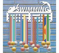 CREATCABIN Porte Médailles Natation Présentoir à Médailles Petit Support Mural Suspendu en Fer Décoration pour Mur Maison 3 Ligne Cadeau Gagnant Course Natation Joueur Athlète Médaillé 13x29cm Blanc