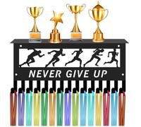 CREATCABIN Porte-Médailles Never Give Up avec Étagère,Support Mural pour Trophées,Médailles Sport,Crochets Suspendus Sur 70 récompense,Porte-Médailles en Métal pour Course Pied,Marathon,Badges 30x13cm