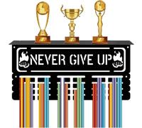 CREATCABIN Porte-Médailles Never Give Up avec Étagère,Support Trophées,Cadre Sport,Crochets Muraux pour Médailles,Récompenses Suspendues pour Course Pied Natation Marathon Gymnastique 40x20x10cm