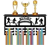 CREATCABIN Porte Médailles Rugby Étagère Trophées avec 12crochet pour Médailles Support Médailles Sport pour Montage Mural Peut Contenir 60médailles Ou Plus Organisateur Ruban Support Métal 40x20x10cm