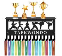 CREATCABIN Porte-Médailles Taekwondo avec Étagère à Trophées,Crochet en Fer,Cadre Sport,Support Mural pour Médailles,Badges,Ceinture Kickboxing,Poinçonnage,Lancer,Coup Pied