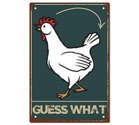 CREATCABIN Poulet Coop Signe étain Coq Signe Métal Vintage Guess What Affiche Rétro Peinture Plaque Signe en Fer Décoration Murale Art Mural Accrocher pour La Ferme Club Bar Maison 12 X 8 Pouce