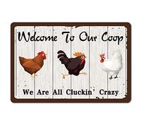 CREATCABIN Poulet Coq Métal Tin Sign Welcome to Our Coop We are All Cluckin' Crazy Funny Poster Plaques avec Citations Vintage Wall Hanging cor for Farm Farm Yard Farmhouse Home Living Room
