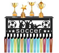 CREATCABIN Présentoir Médailles Football Étagère,Support pour Trophée,Cadre Football,Support Mural en Fer,Crochets pour Médailles Sport,Organisateur pour Accrocher sur 70 médaille,Badges Joueur,Noir