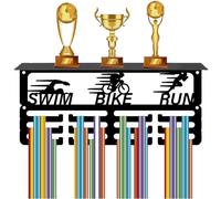 CREATCABIN Présentoir Médailles Triathlon Étagère Trophées Support Mural Médailles Sport Support Trophée Métal Noir Support Organisateur Médailles pour Natation Vélo Course Pied Récompenses 29x13x10cm
