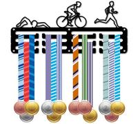 CREATCABIN Présentoir pour Porte Médailles de Triathlon 30+ Porte Médailles en Métal Noir Étagère de Rangement Petit Cadre Mural à Suspendre pour la Course à Pied la Natation Le Cyclisme 29x13cm