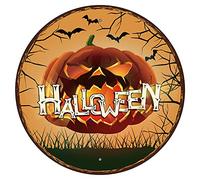 CREATCABIN Rond Métal Halloween Rustique Chauve-Souris Couronne Citrouille Signe Mur Vintage Rétro Plaque Affiche Suspendue Maison Art Cuisine Bar Café Garage Extérieure 12 Pouce