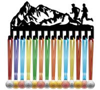 CREATCABIN Run Médaille Support Cintre Médailles Présentoir Noir Montagne Métal Fer Petite Étagère Médaille Plaques Cintre Organisateur Médaille Cadre Mural avec 14 Crochets pour Cordon Ruban 29x13cm
