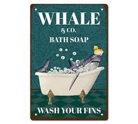 CREATCABIN Shark Wash Your Fins Funny Metal Tin Sign Retro Poster Plaques with Quotes Animals Bathroom Retro Wall Hanging cor for Home Living Hotel Corridor 12 x 8inch
