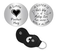 CREATCABIN Sister Pocket Hug Token Souvenir de Relation Longue Distance Gravé en Acier Inoxydable Double Face avec Porte-Clés en Cuir PU pour Famille Bestie Cadeau Inspirant 3x3cm
