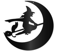 CREATCABIN Sorcière Décoration Murale Métal Art Mural Fer Black Moon Hollow Single Line Sculpture Murale Panneau Décoration à Suspendre pour Intérieur Extérieur Maison Cadeau Crémaillère 30x30cm