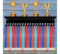 CREATCABIN Support de Médailles de Sport Étagère à Trophées avec 20 Crochet Support Mural en Métal Noir pour Médailles de Football Coureurs Gymnastique Marathon Course 40x10x6cm