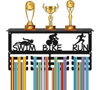 CREATCABIN Support Médaille Triathlon Étagère Trophées Support Médaille Métal pour Vélo Natation Course Pied Support Mural 60 Rubans Ou Plus Support D'Organisation pour Vélo Natation Noir 40x20x10cm