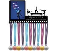 CREATCABIN Support Mural pour Médailles de Gymnastique avec Cadre Photo en Métal à Suspendre pour Récompenses D'Athlète avec 20 Crochet pour Médailles de Ruban de Compétition de Football Noir 42x25cm