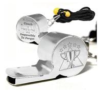 CREATCABIN Trophy Sifflets Sport avec Lanière,Son Fort et Net,Sifflet en Acier Inoxydable pour Entraîneurs,Arbitres,Un Grand Entraîneur Est Difficile à Trouver et Impossible à Oublier 2x5cm Argenté