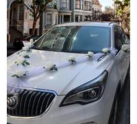 Create beauty0 Simulation Rose Blanche, Simulation Décoration Fleur De Mariée Décoration De Voiture pour Mariage, Decoration Voiture Mariage Champetre avec Tulle Ruban Blanc et Ventouses Extra Fortes