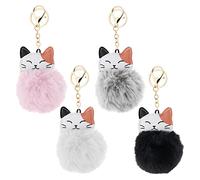 Create idea 4pcs Porte-clés Chat Porte-clés Pompon Fausse Boule Chat Pendentif Fob Clé Décoration pour Clé de Voiture Ornement Femmes Sac à Main Accessoires