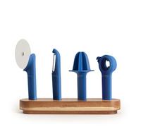 CREATE/Lot de 4 ustensiles de cuisine blue cobalt/Support en bois, épluche-fruits et légumes, presse-agrumes, coupe-pizza, ouvre-boîte multifonctions, lavable au lave-vaisselle