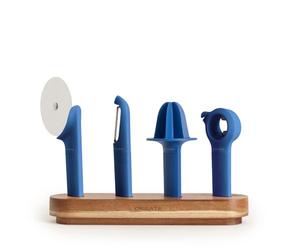 CREATE/Lot de 4 ustensiles de cuisine blue cobalt/Support en bois, épluche-fruits et légumes, presse-agrumes, coupe-pizza, ouvre-boîte multifonctions, lavable au lave-vaisselle