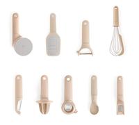 CREATE/Lot de 9 ustensiles de cuisine sable/Epluche-fruits et légumes, cuillère à glace, mixeur plongeant, râpe, presse-agrumes, coupe-pizza, ouvre-boîte, presse-ail