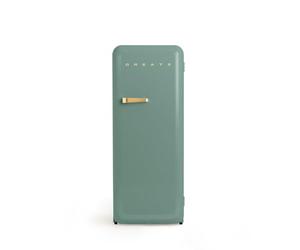 CREATE / RETRO FRIDGE 150 GOLD/Réfrigérateur vert sauge avec poignée dorée et congélateur 281L / 102W, faible consommation, 150 cm, 3 étagères, régulateur de température, 60x60x150 cm