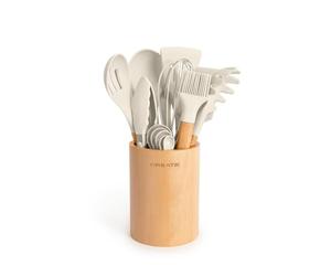 CREATE/Set d'utensiles de cuisine Blanc cassé et bois / 11 Utensiles de cuisine en silicone et bois hêtre naturel, sans BPA, jusqu'à 230°C