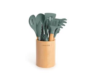 CREATE/Set d'utensiles de cuisine Vert sauge et bois / 11 Utensiles de cuisine en silicone et bois hêtre naturel, sans BPA, jusqu'à 230°C
