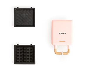 CREATE/STONE STUDIO/Appareil à croque-monsieur Rose pastel / 2 plaques interchangeables : sandwich et gaufre, antiadhésif, 1 tranche, ouverture 100º, arrêt automatique, poignée cool-touch, 600W